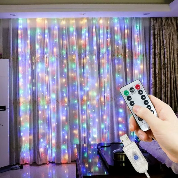 Instalatie Perdea LED 3x3 Metri, 300 LED, 8 Moduri de Iluminare, Multicolor