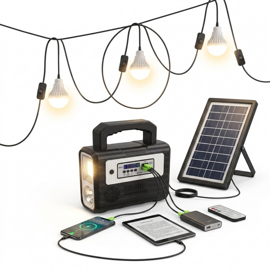 Kit panou solar 3 becuri LED, Radio Bluetooth, GDPLUS GD-8028