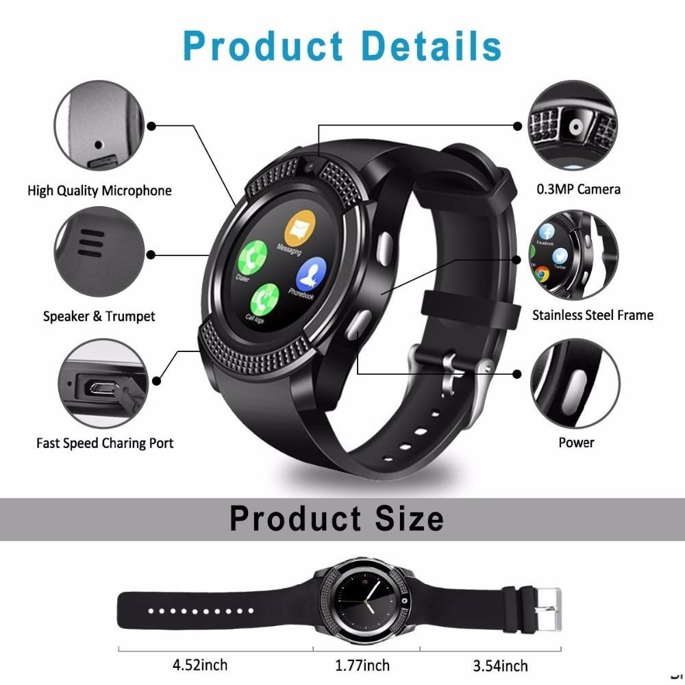 Ceas Smartwatch V8 cu functie apelare, SMS, camera, Bluetooth, Android, Negru