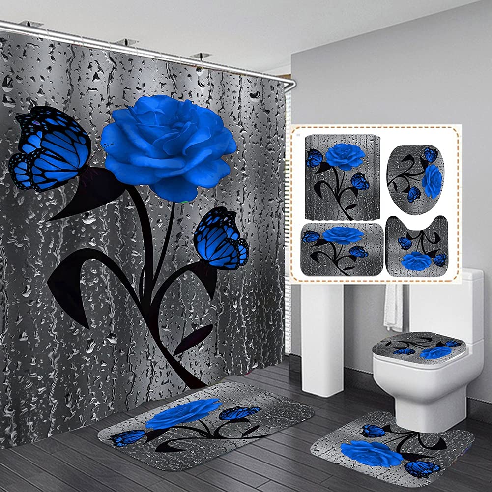 Set baie 4 piese: perdea, covorase si husa de toaleta, Dark Blue Rose