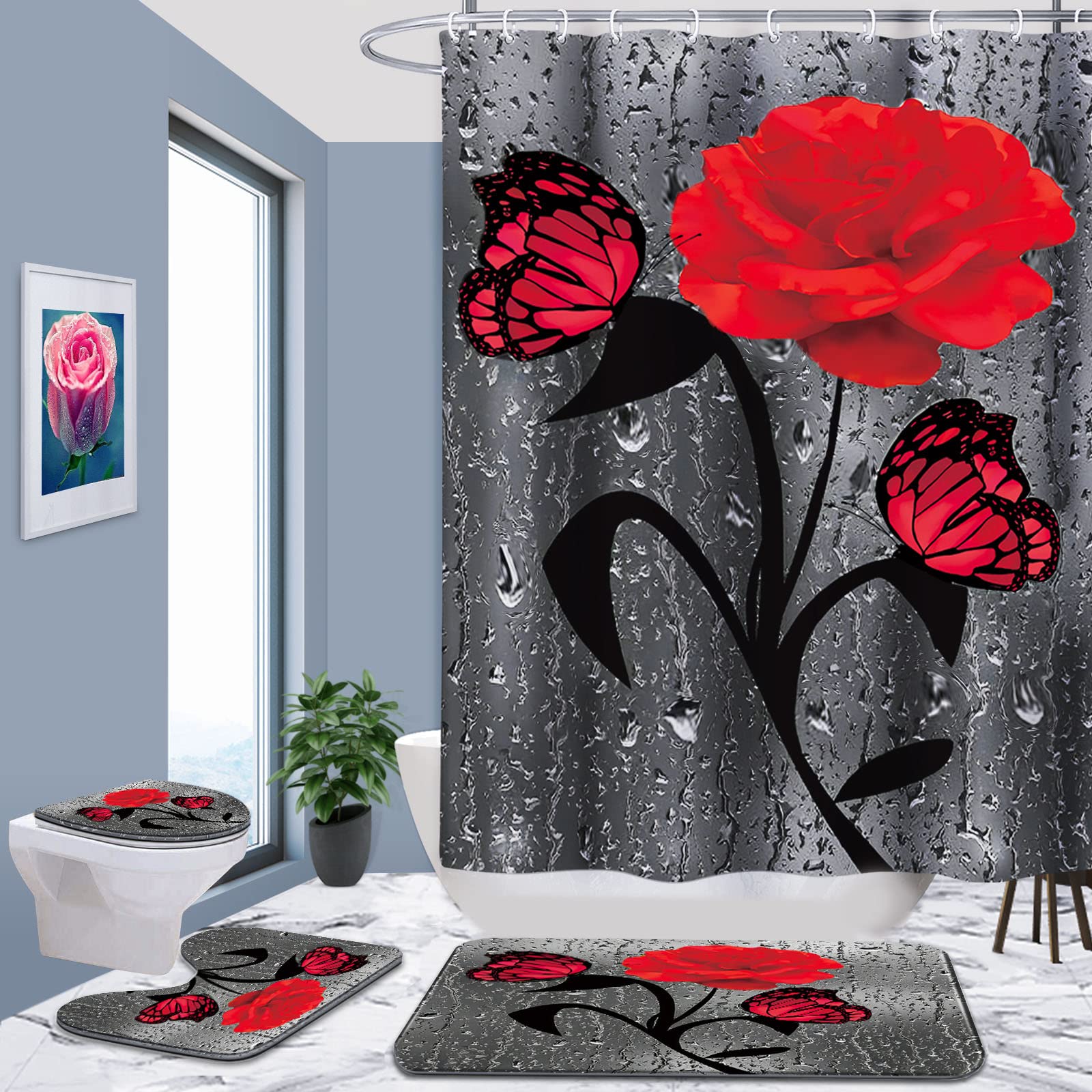 Set pentru baie: perdea, covorase si husa de toaleta, Red Rose