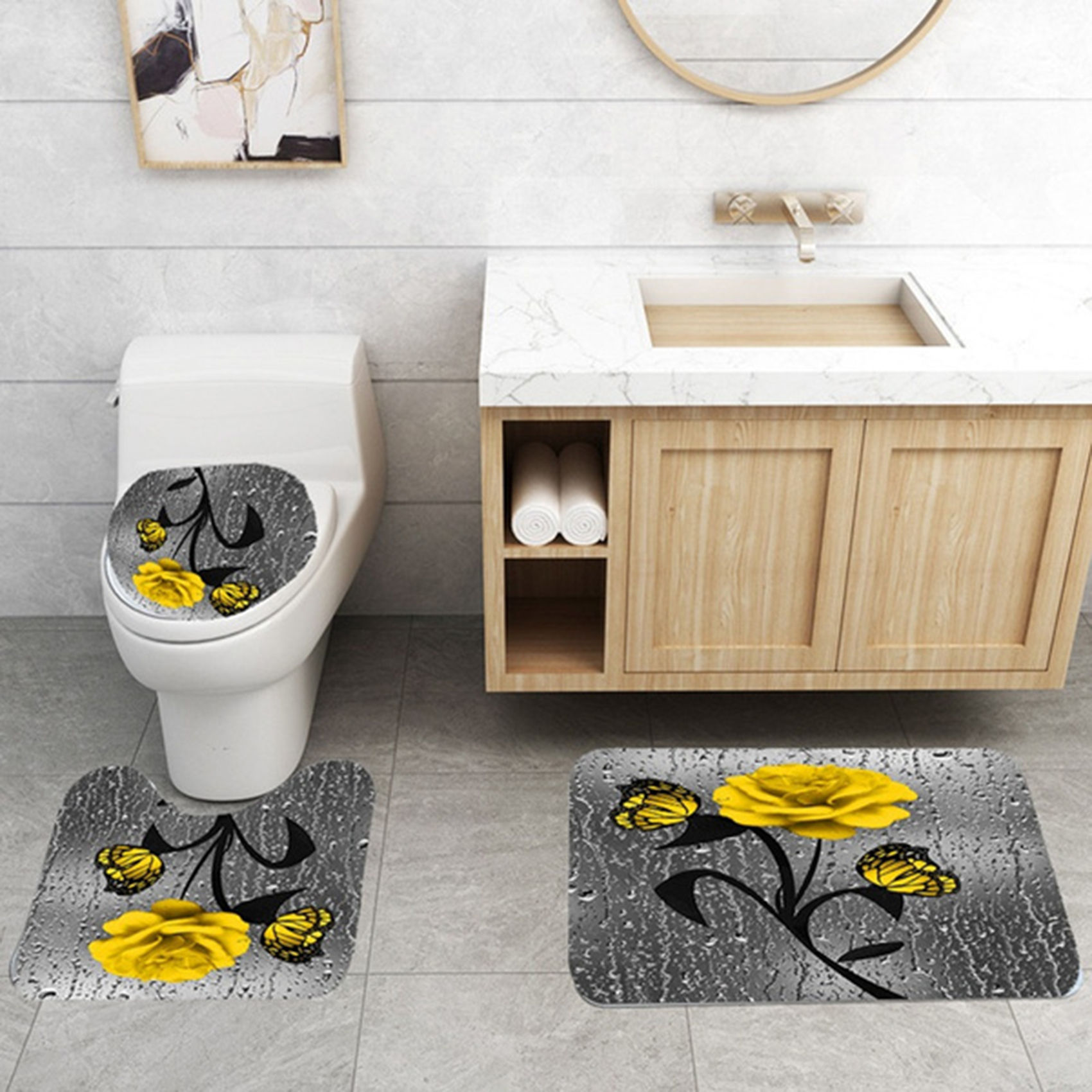 Set baie 4 piese: perdea, covorase si husa de toaleta, Yellow Rose