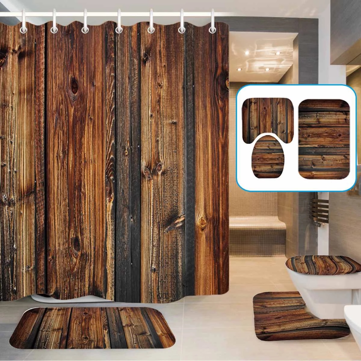 Set pentru baie: perdea, covorase si husa de toaleta, Wood