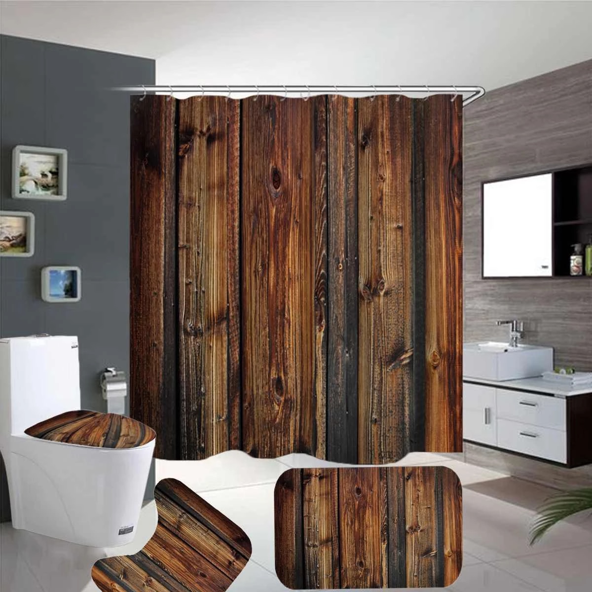 Set pentru baie: perdea, covorase si husa de toaleta, Wood