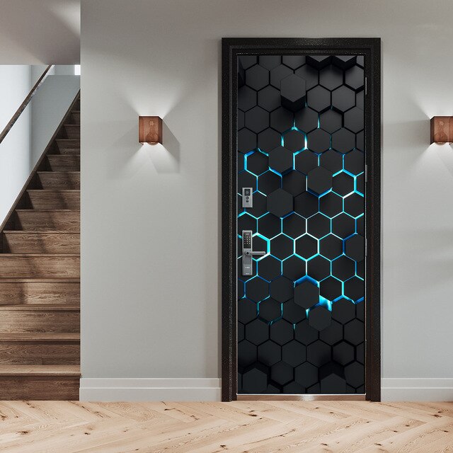 Autocolant decorativ pentru usa - 77 x 220 cm, Blue Hexagon