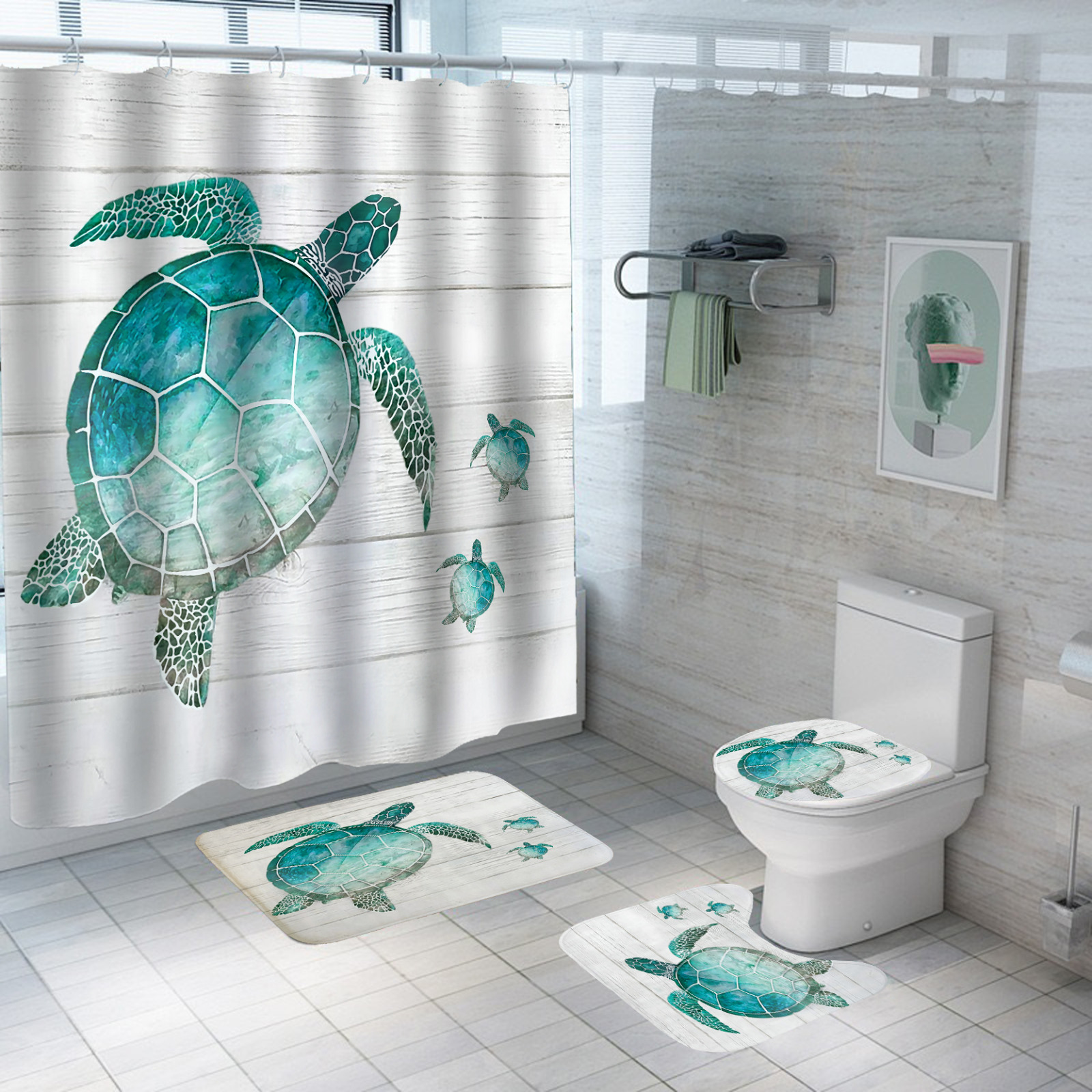 Set pentru baie: perdea, covorase si husa de toaleta, Turtle