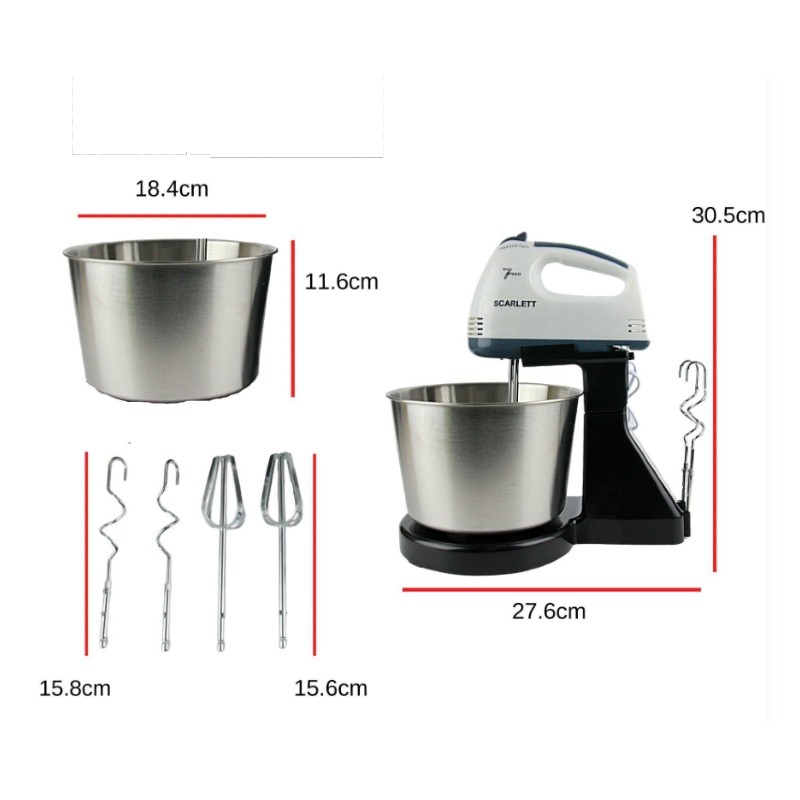 Mixer cu bol 200 W, 7 viteze, 2 teluri, 2 spirale, Scarlett