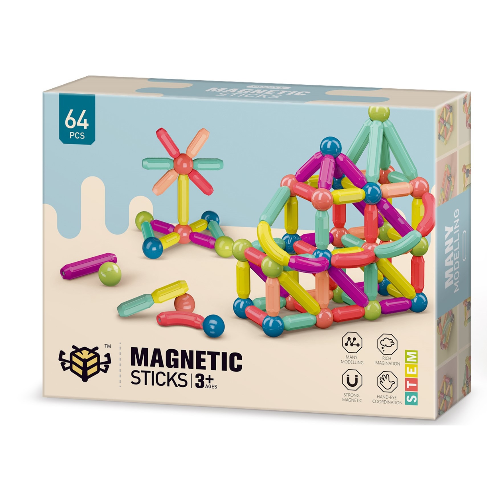 Joc creativ constructii magnetice sticks, 64 de piese