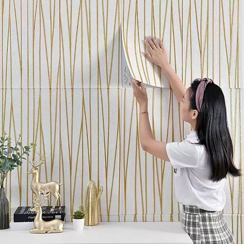 Set 5 x Tapet autoadeziv 3D, 70x70 cm, Alb cu dungi aurii