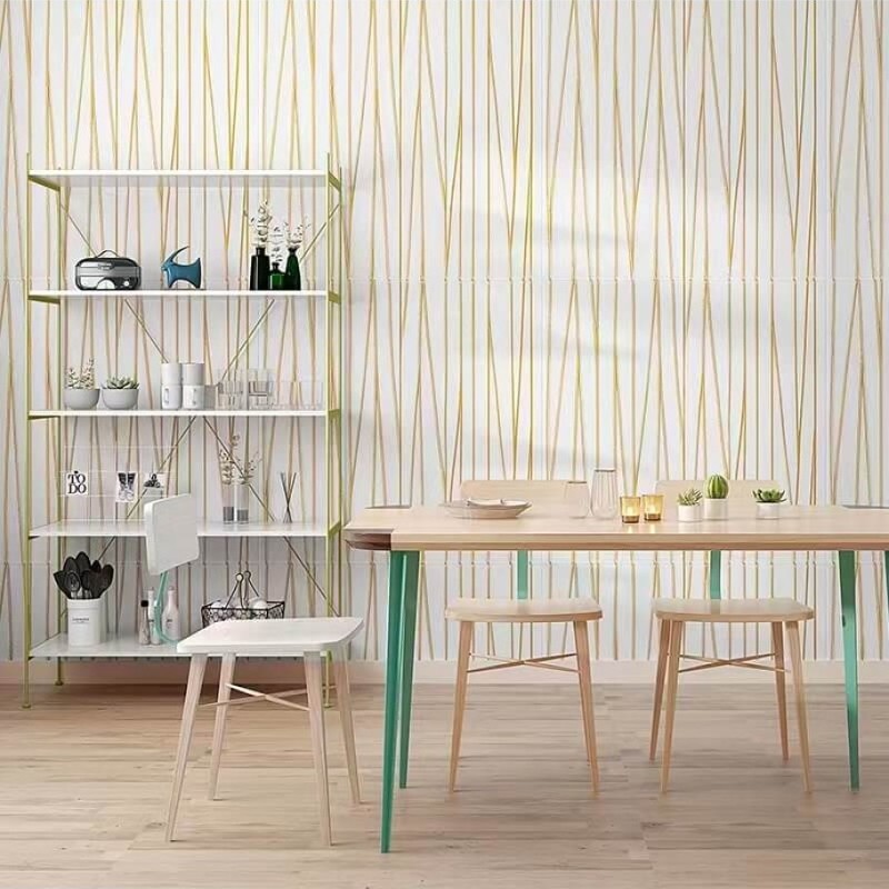 Set 5 x Tapet autoadeziv 3D, 70x70 cm, Alb cu dungi aurii