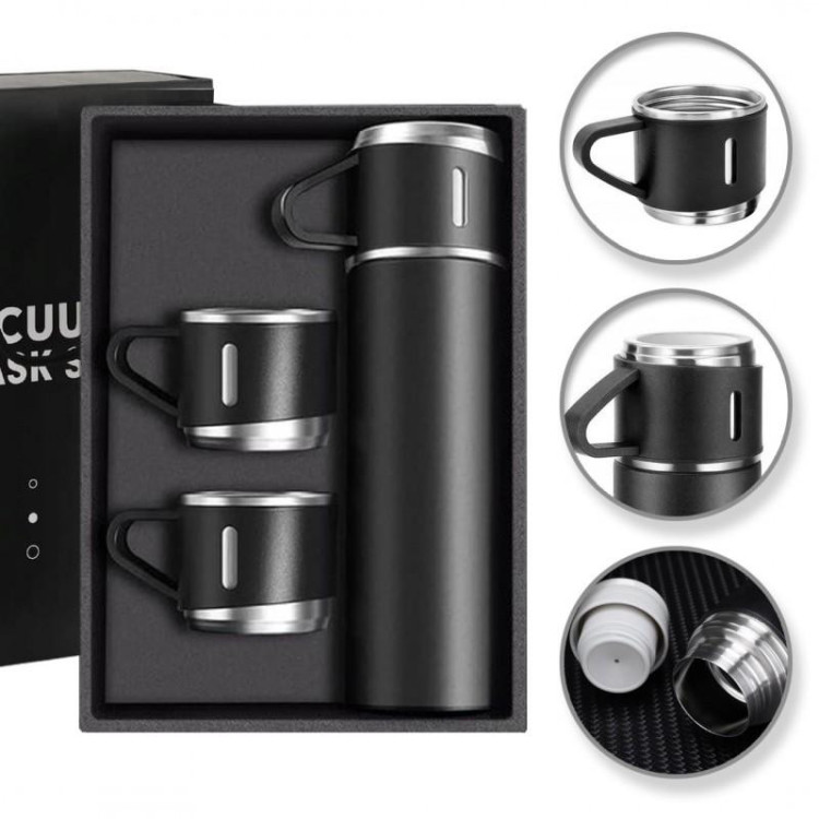 Set 4 piese: Termos 500 ml + 3 cesti, otel inoxidabil, Negru