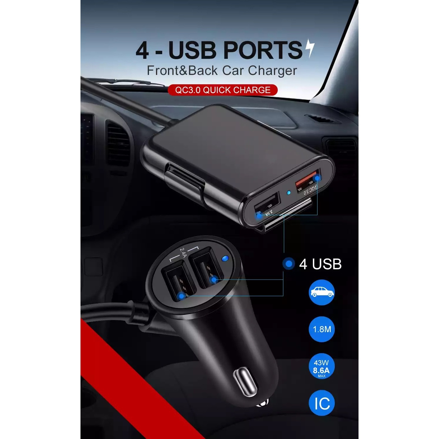 Incarcator auto, 4 porturi USB, Fast Charge, lungime cablu 1.7 M, Negru