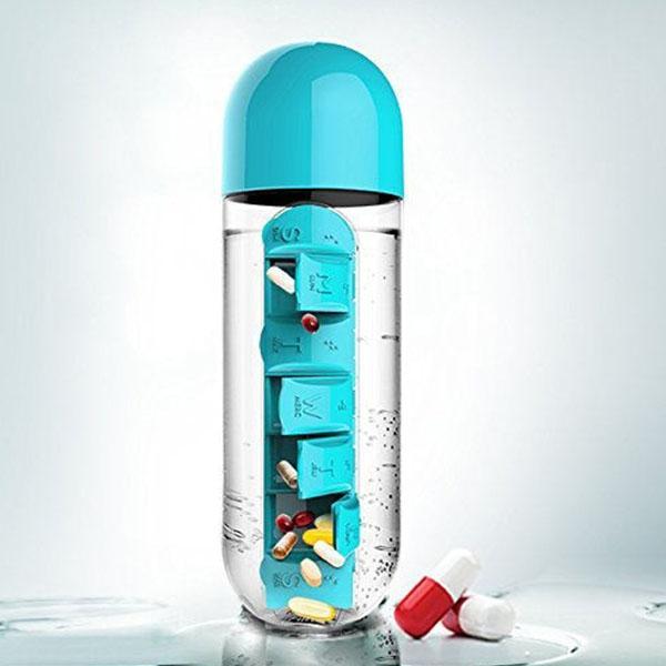 Set 2 x Sticla de apa cu organizator de medicamente