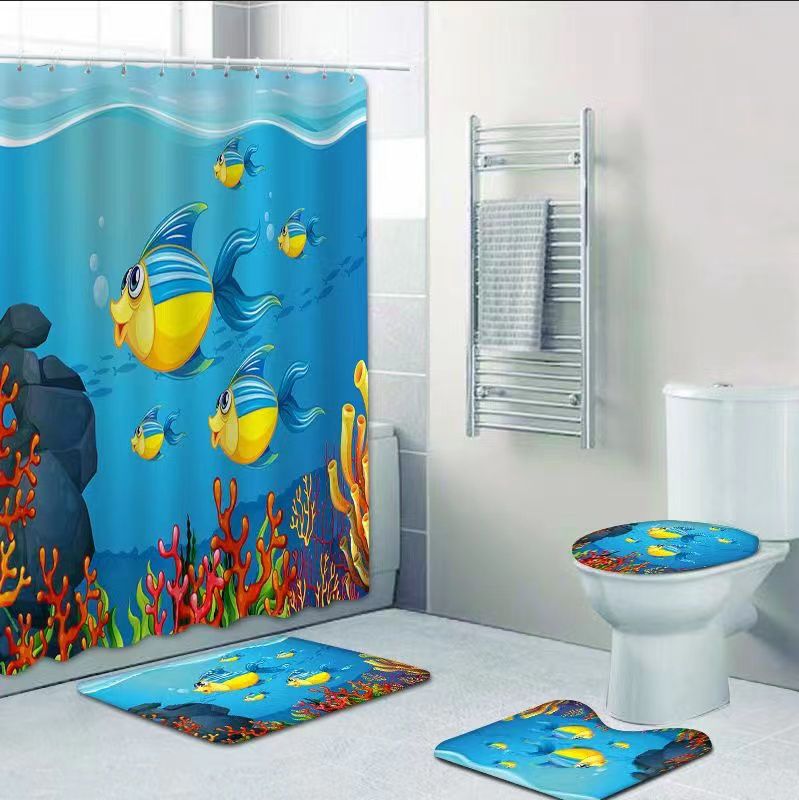 Set pentru baie: perdea, covorase si husa de toaleta, Happy Fish