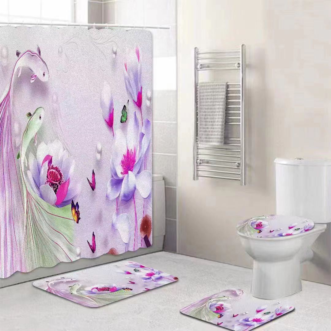 Set baie 4 piese: perdea, covorase si husa de toaleta, Fish Love