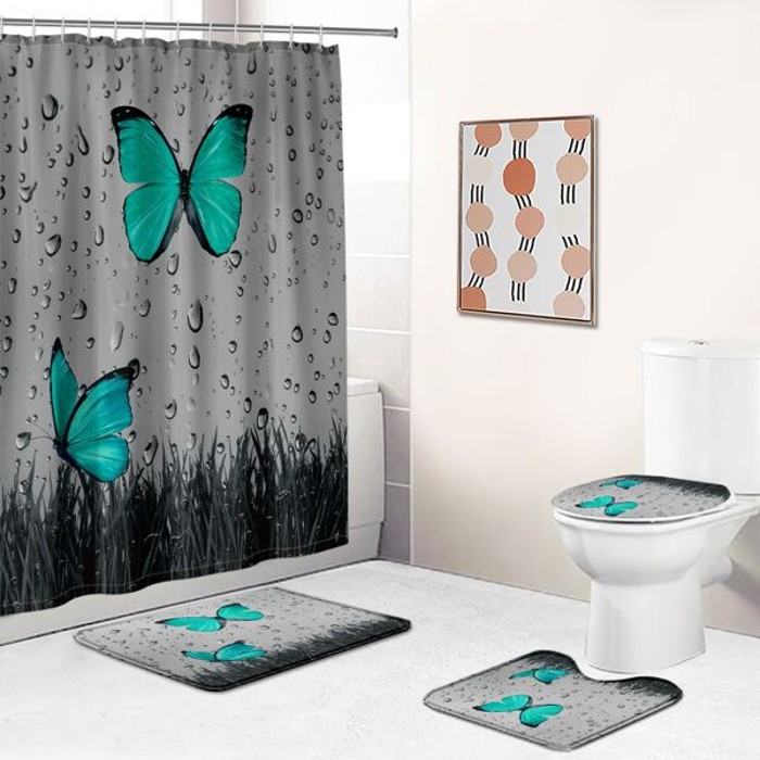 Set baie 4 piese: perdea, covorase si husa de toaleta, Butterfly Love