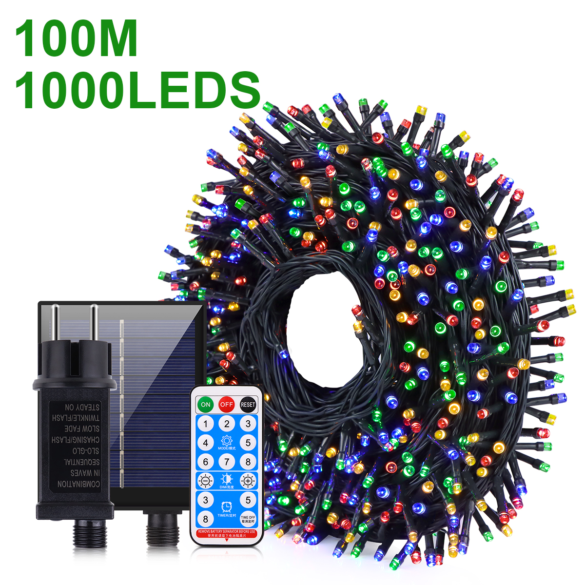 Instalatie solara 1000 LED, 100 M pentru exterior, Multicolor