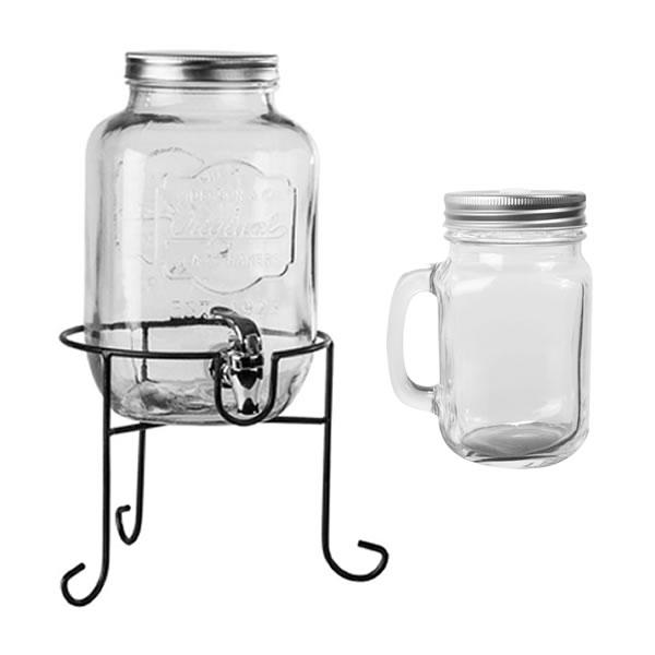 Borcan din sticla cu robinet si suport 4 litri + Pahar tip borcan 600 ml
