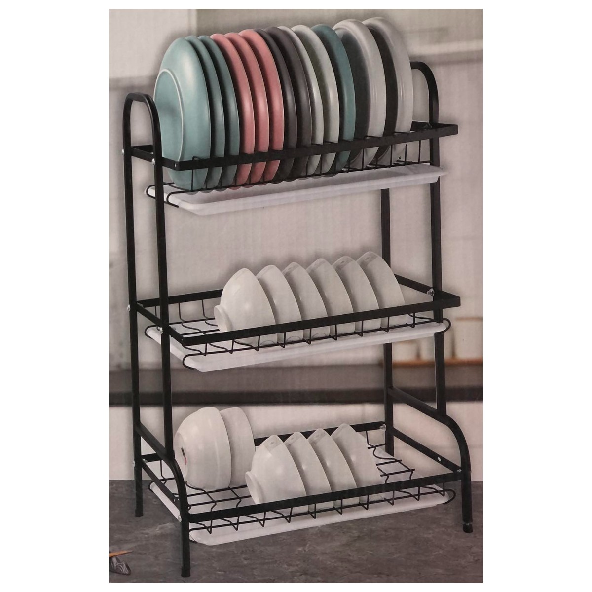 Suport de vase metalic supraetajat, 3 niveluri, Negru