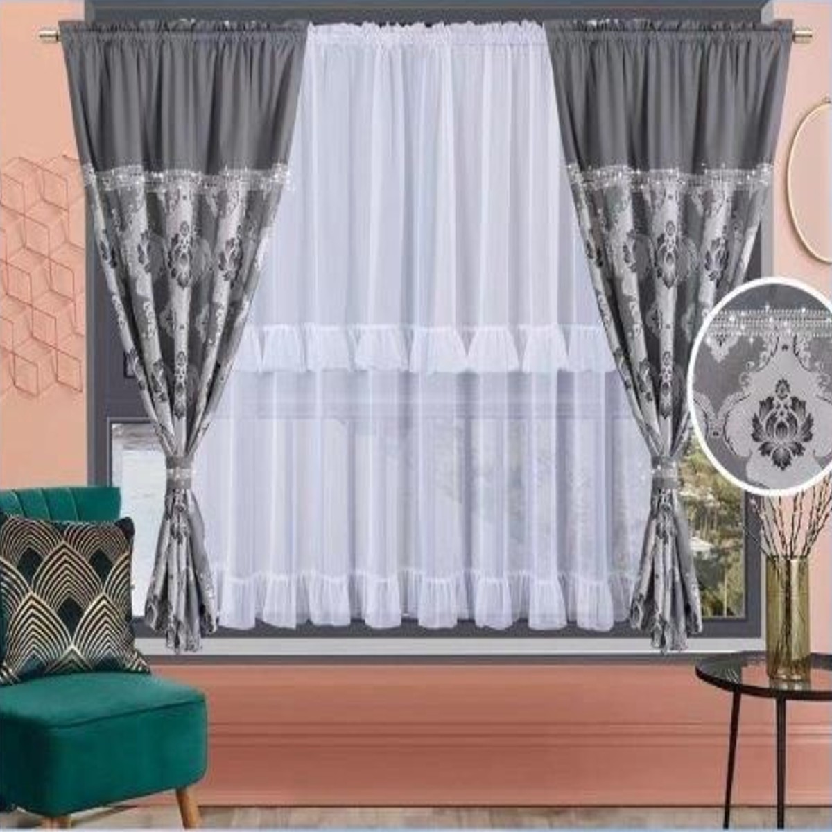 Set perdea cu draperie, 400 x 180 cm, Gri