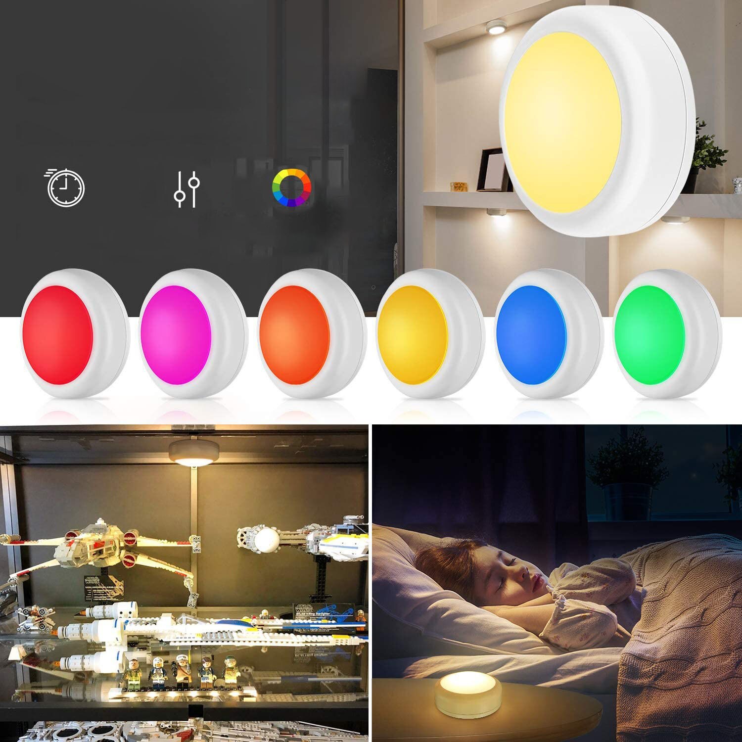 Set 3 spoturi LED RGB fara fir cu telecomanda, 13 culori, autoadeziv