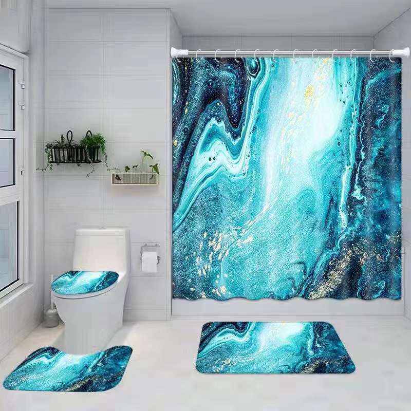 Set baie 4 piese: perdea, covorase si husa de toaleta, Geode Marble