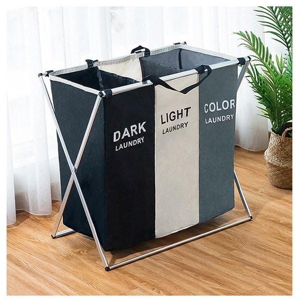 Cos de rufe cu 3 compartimente, cadru metalic pliabil, 96 litri - 65 x 37 x 58 cm