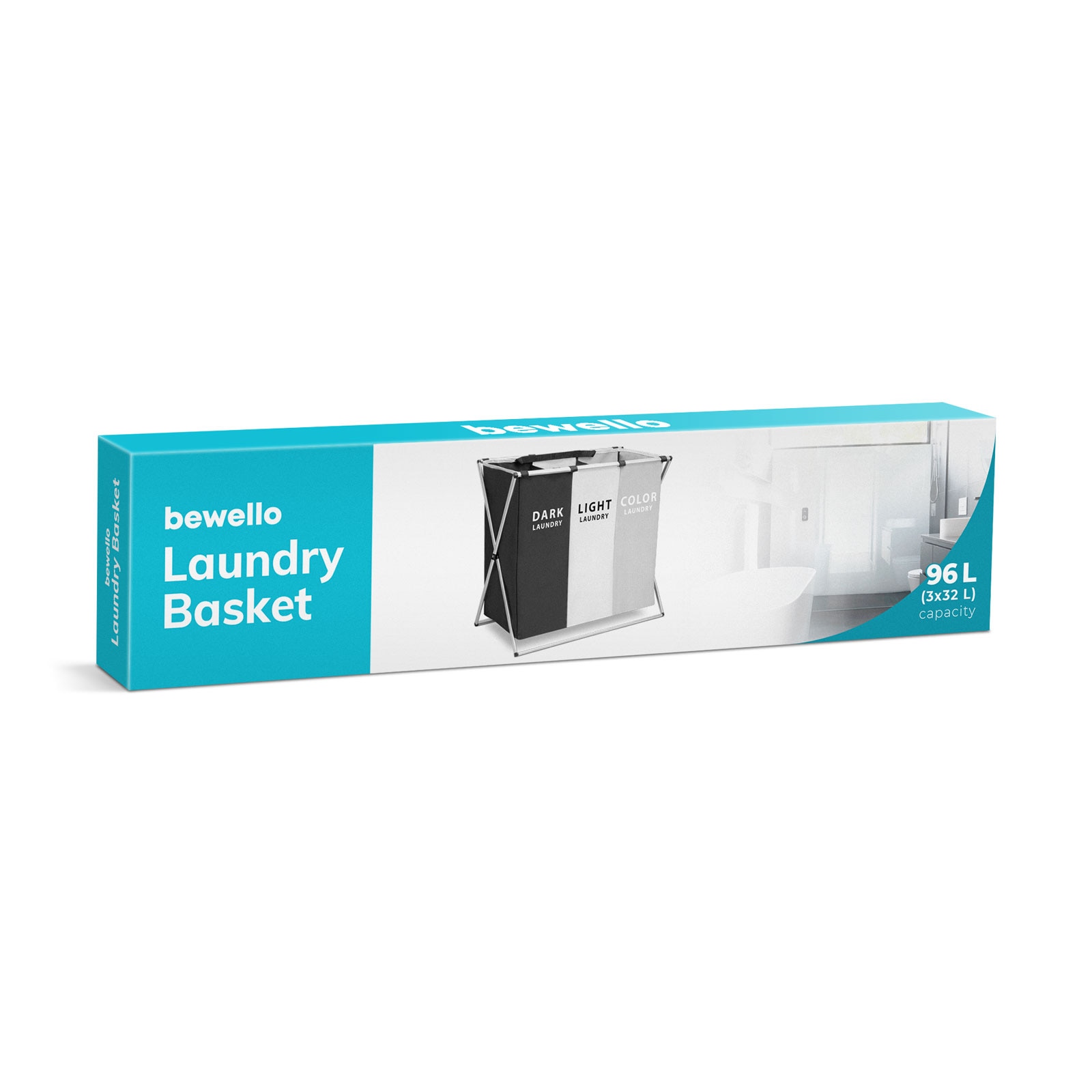 Cos de rufe cu 3 compartimente, cadru metalic pliabil, 96 litri - 65 x 37 x 58 cm