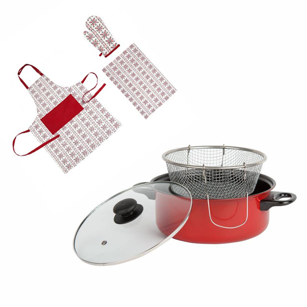 Friteuza teflonata 24 cm cu capac si sita + Set traditional 3 piese