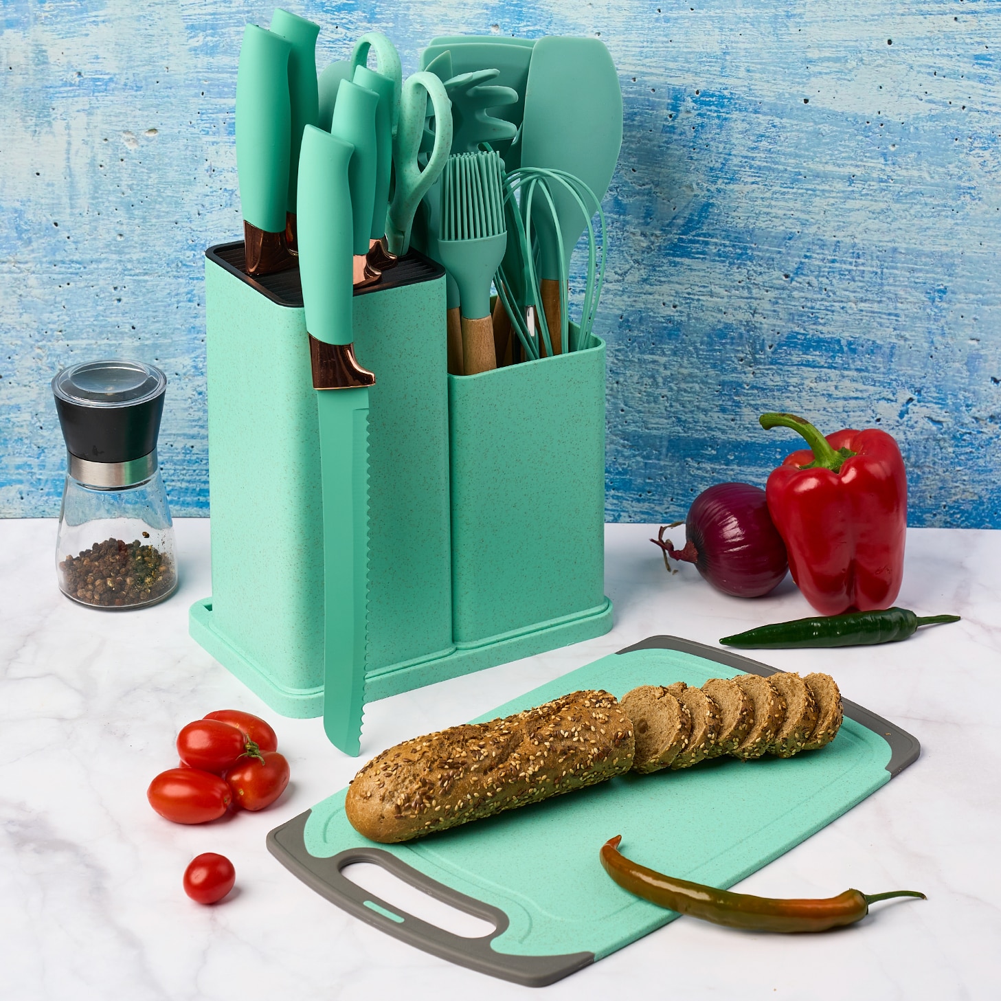 Set 19 ustensile din silicon, pentru gatit - Turcoaz