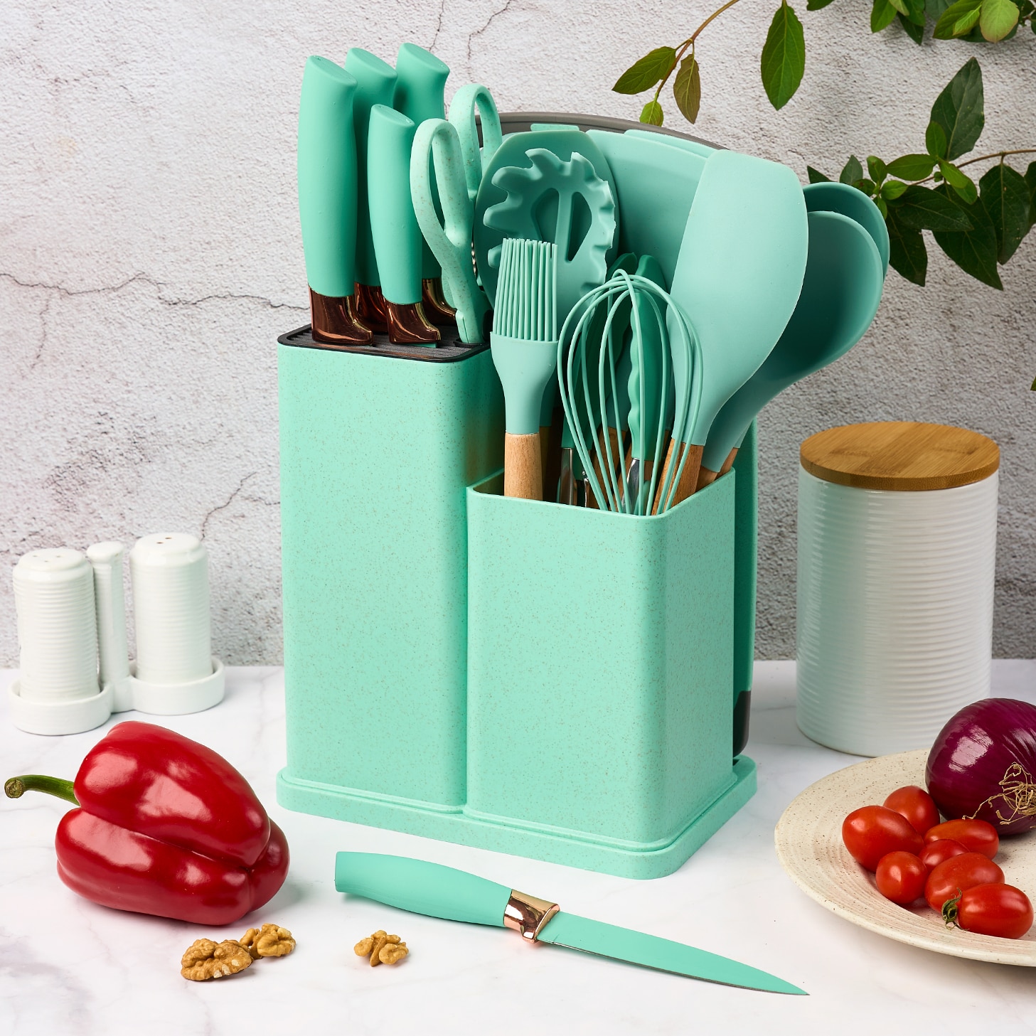 Set 19 ustensile din silicon, pentru gatit - Turcoaz