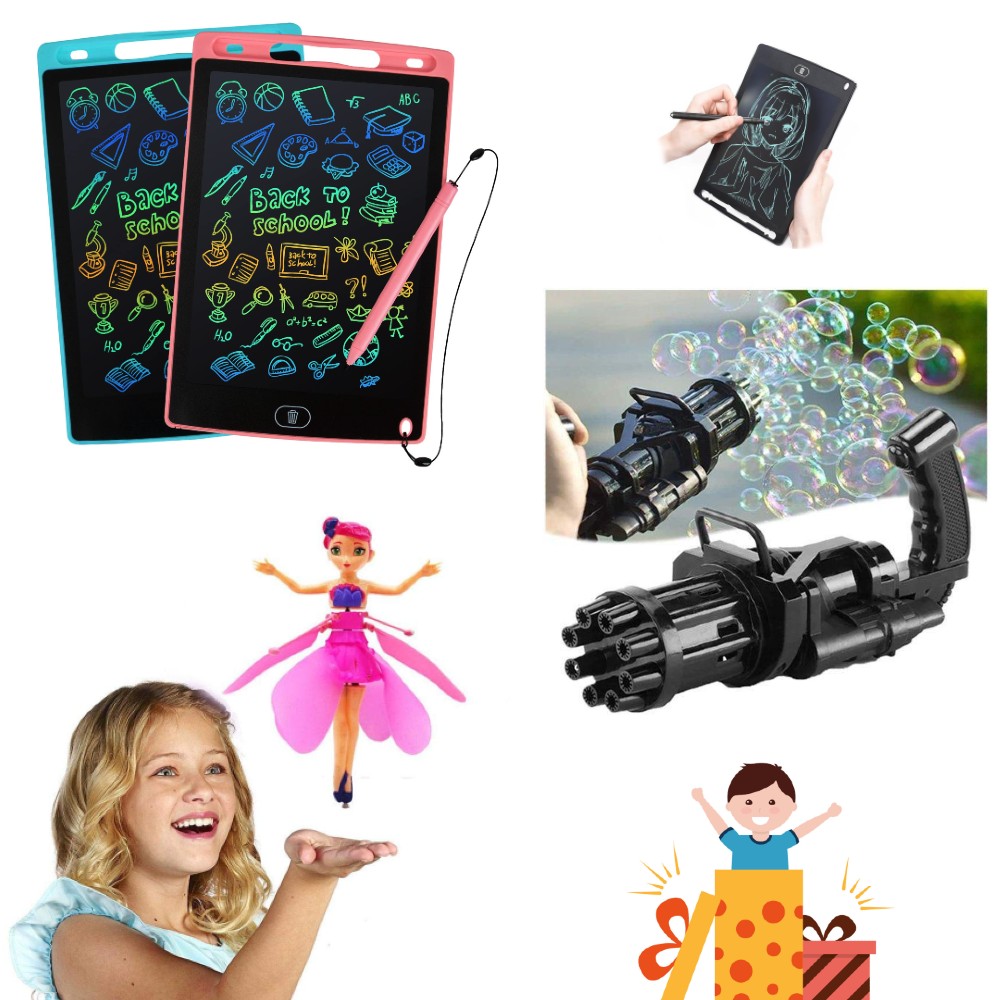 Set cadou copii: Tableta LCD 8.5 inch + Papusa Zburatoare + Jucarie baloane de sapun 