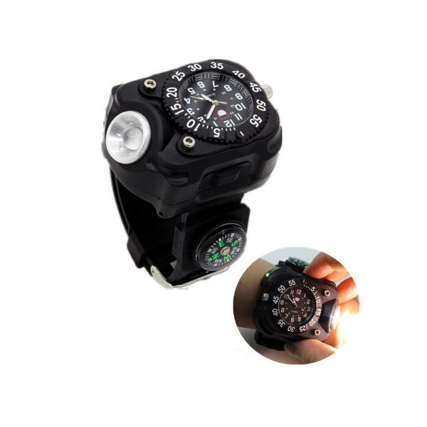 Ceas waterproof cu lanterna reincarcabila, 5 faze lumina si busola
