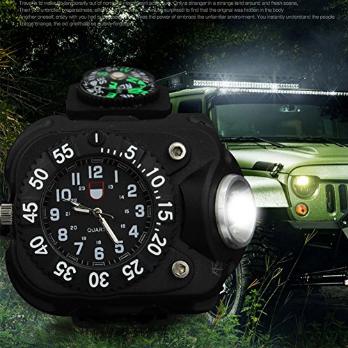 Ceas waterproof cu lanterna reincarcabila, 5 faze lumina si busola