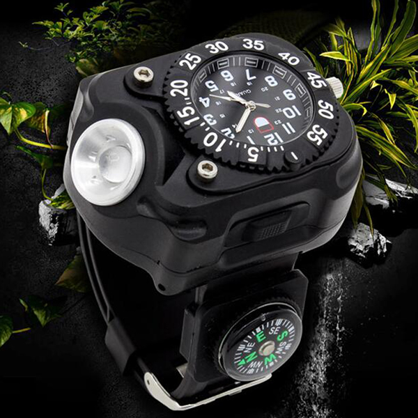 Ceas waterproof cu lanterna reincarcabila, 5 faze lumina si busola