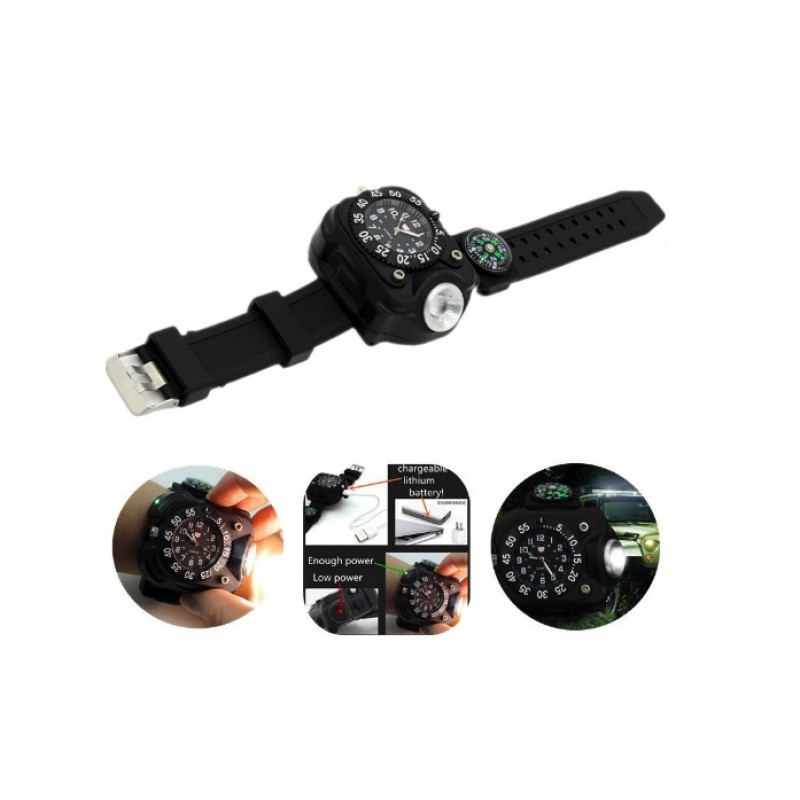 Ceas waterproof cu lanterna reincarcabila, 5 faze lumina si busola