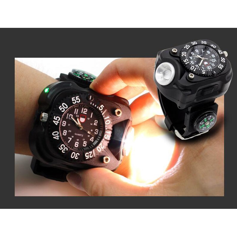 Ceas waterproof cu lanterna reincarcabila, 5 faze lumina si busola
