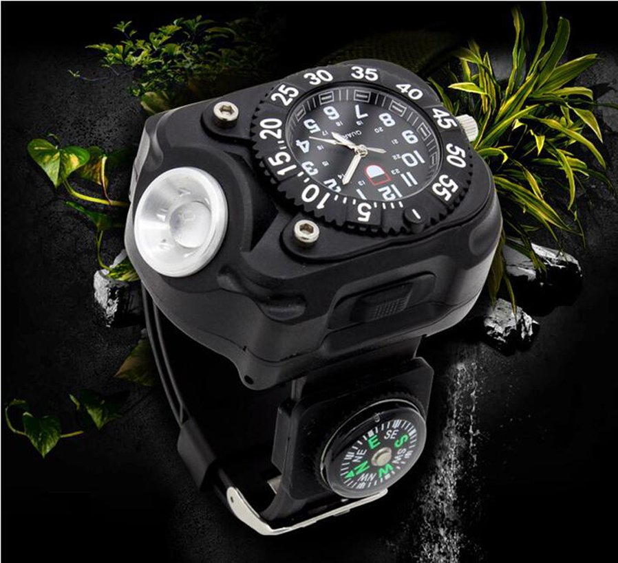Ceas waterproof cu lanterna reincarcabila, 5 faze lumina si busola