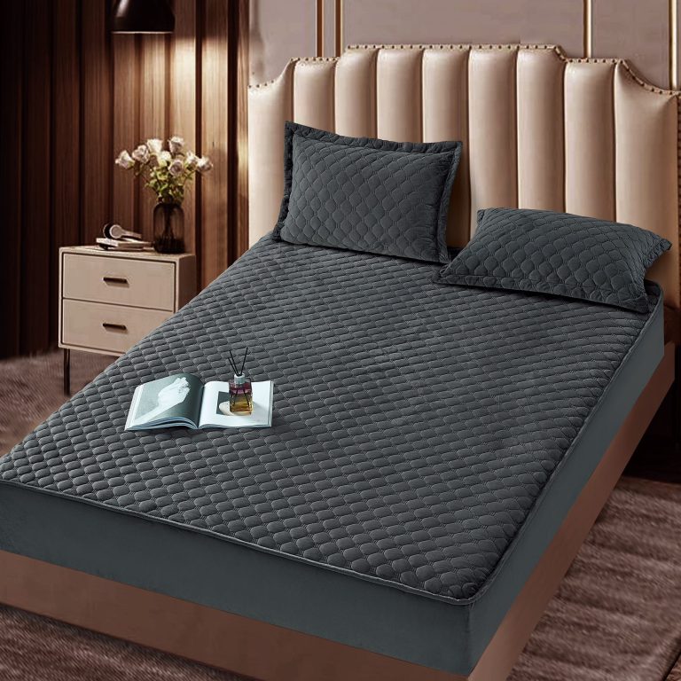 Set husa cu elastic pentru pat, 3 piese, catifea, 180×200 cm, Gri inchis