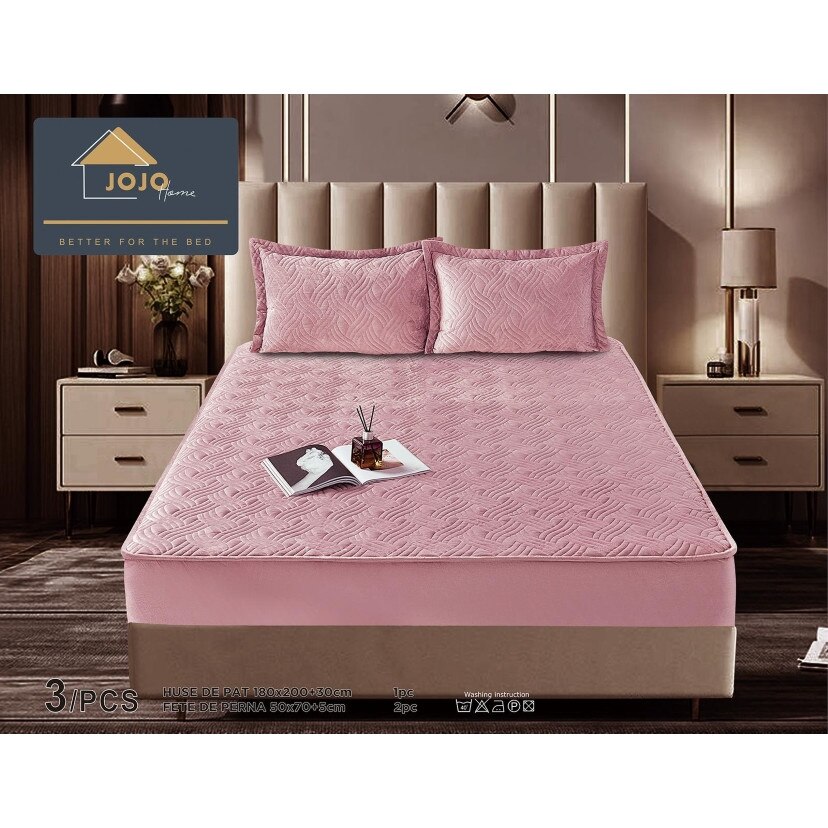 Set husa cu elastic pentru pat, 3 piese, catifea, 180×200 cm, Roz