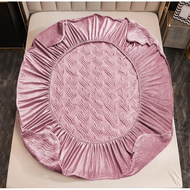 Set husa cu elastic pentru pat, 3 piese, catifea, 180×200 cm, Roz