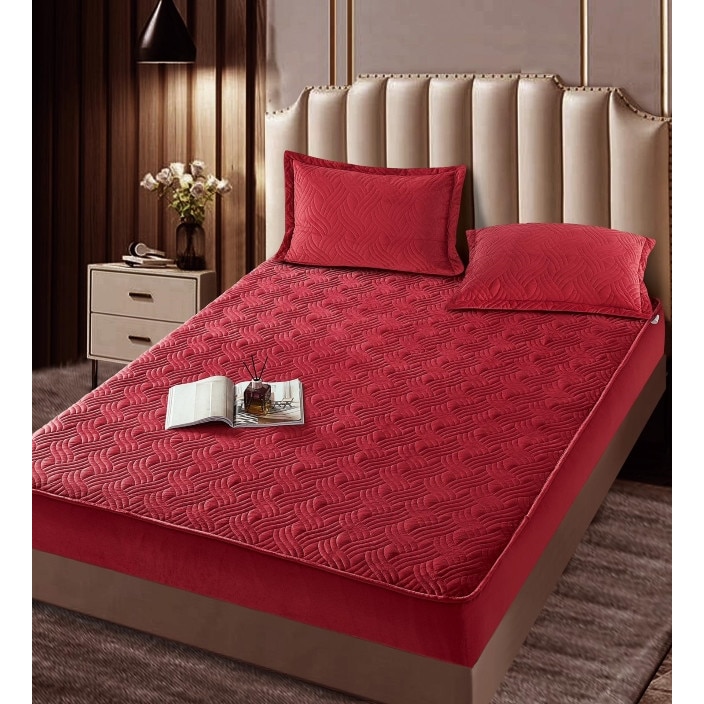 Set husa cu elastic pentru pat, 3 piese, catifea, 180×200 cm, Rosu