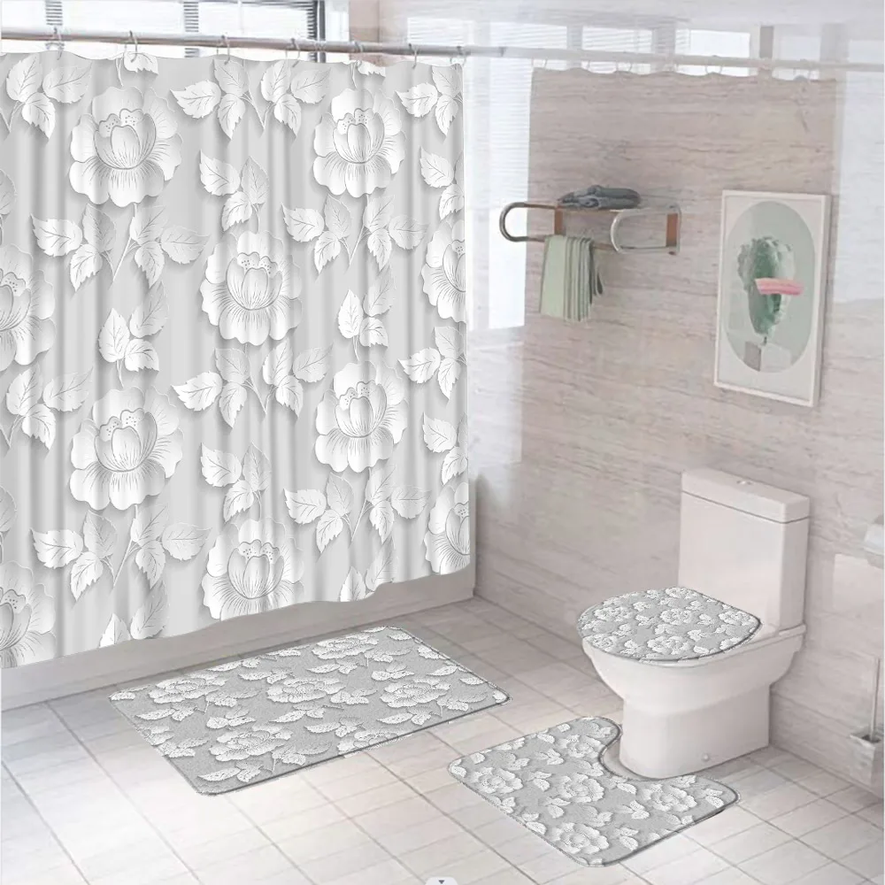 Set de baie cu 4 piese: perdea, covorase si husa de toaleta, White Rose