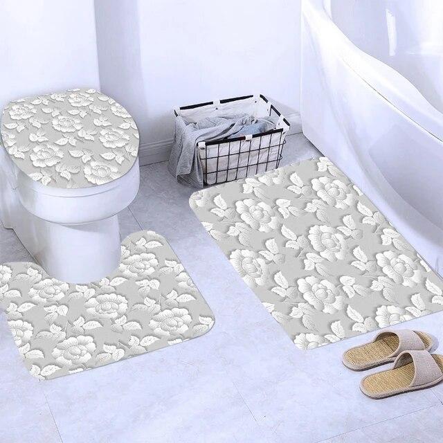 Set de baie cu 4 piese: perdea, covorase si husa de toaleta, White Rose