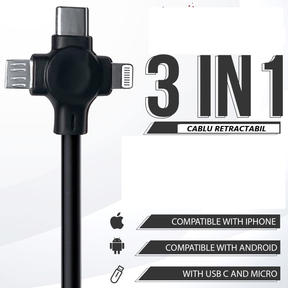 Cablu retractabil de incarcare, compatibil Apple, Android, USB C