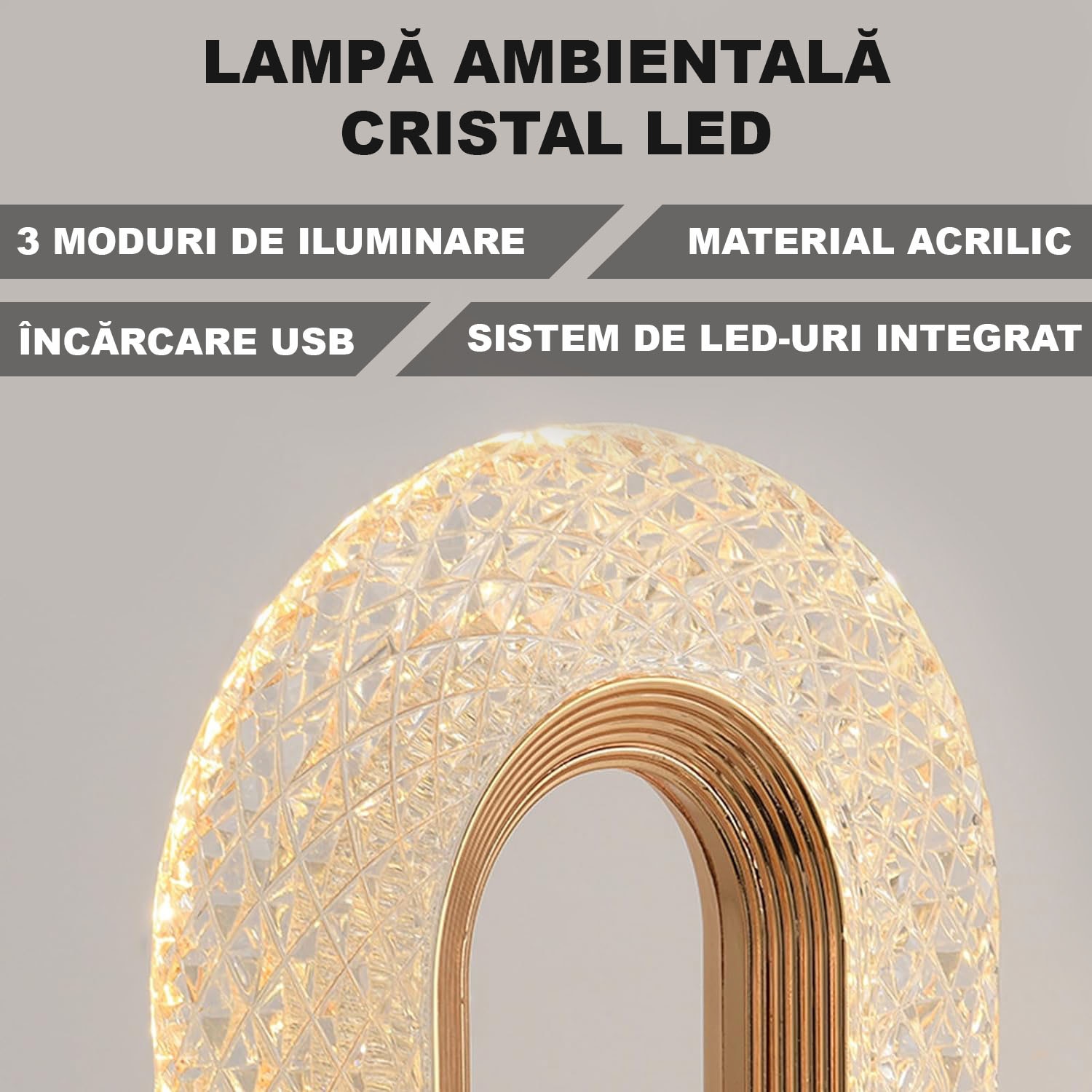 Lampa de masa, cu touch, incarcare USB, Crystal