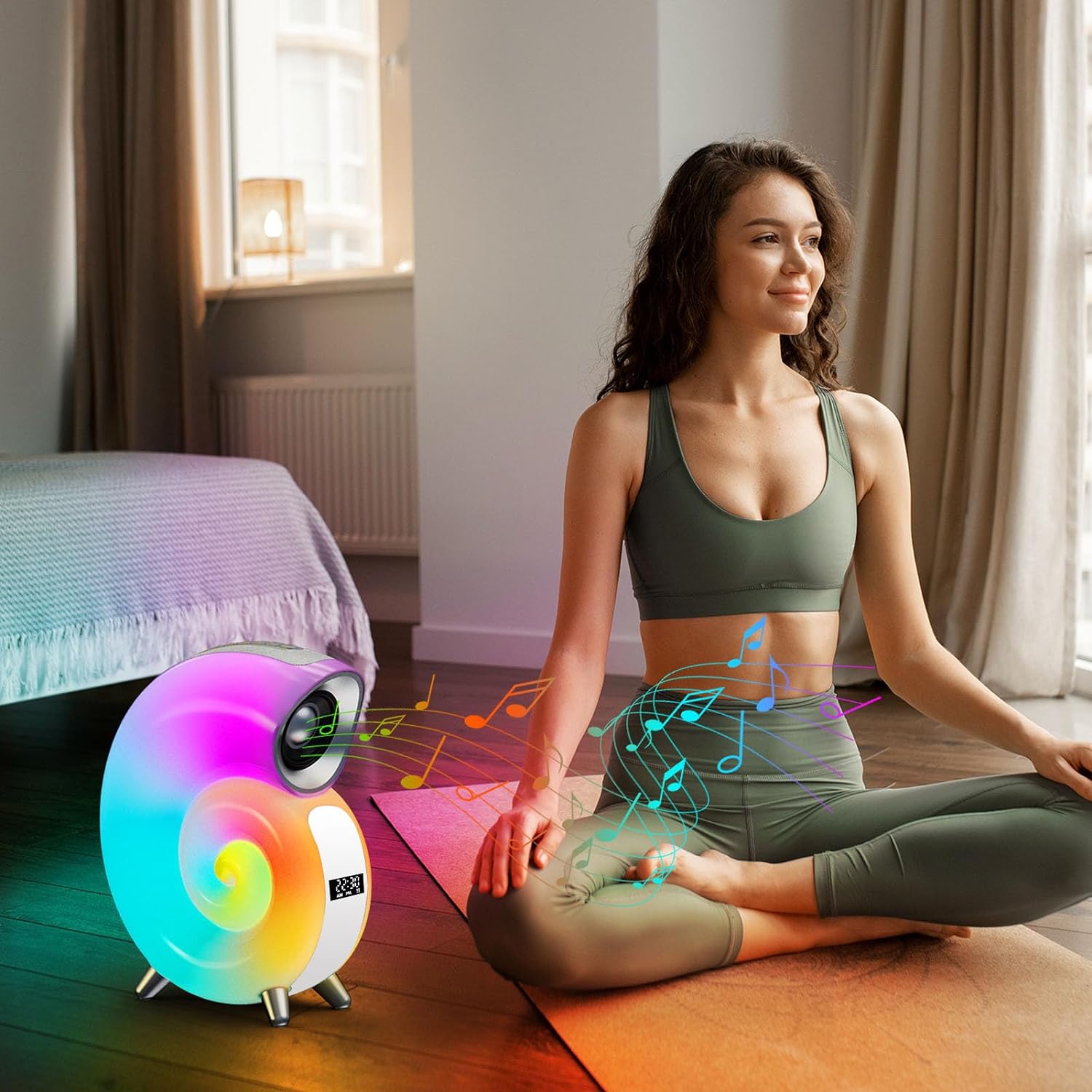 Lampa RGB Bluetooth forma de cochilie, Ceas cu alarma, lumina si sunet