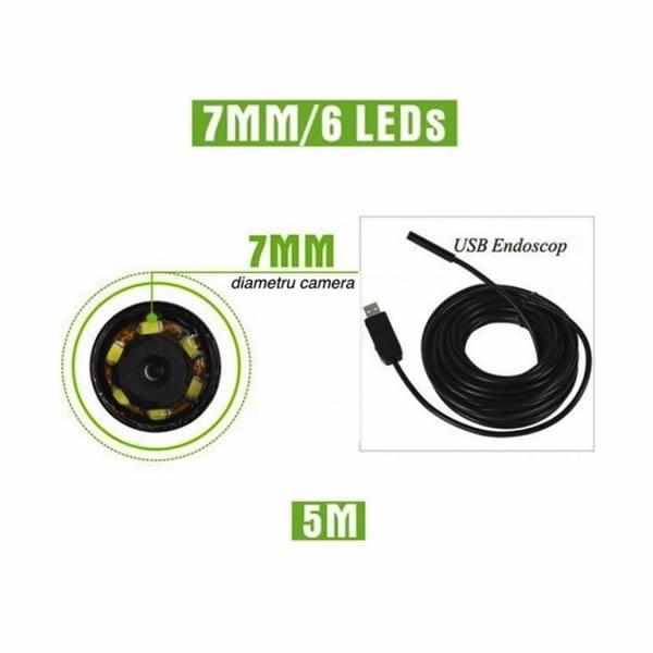 Camera endoscop waterproof foto/video, diametru 7mm, cablu 5M