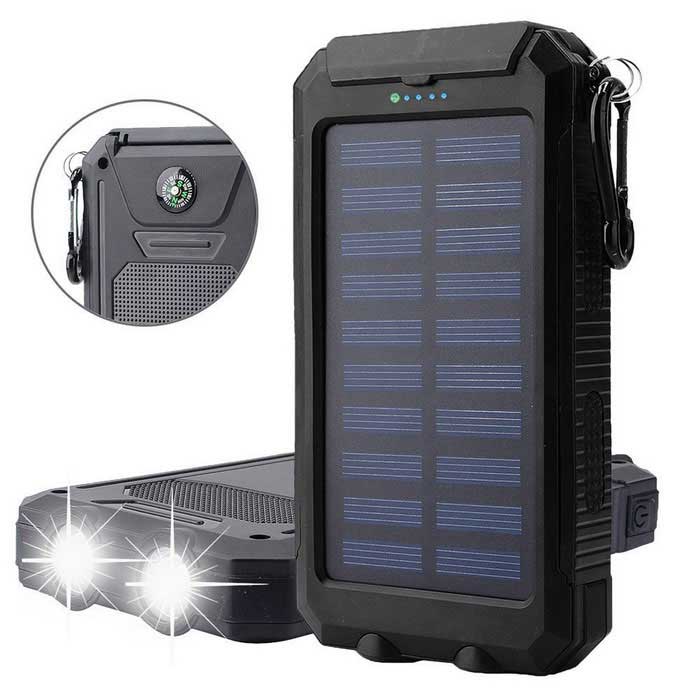 Baterie externa solara Army Waterproof 10000 mAh, 2 sloturi USB, lanterna