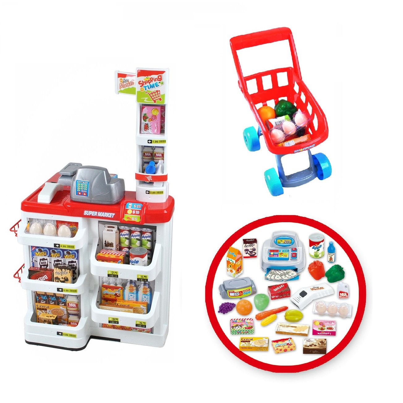 Set de joaca supermarket cu lumini si sunete, 82 cm, 24 accesorii